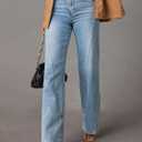 Womens Wide Leg Jeans Mid High Waisted Baggy Straight Leg Stretchy Denim Pants Seamed Long Trousers (Blue)