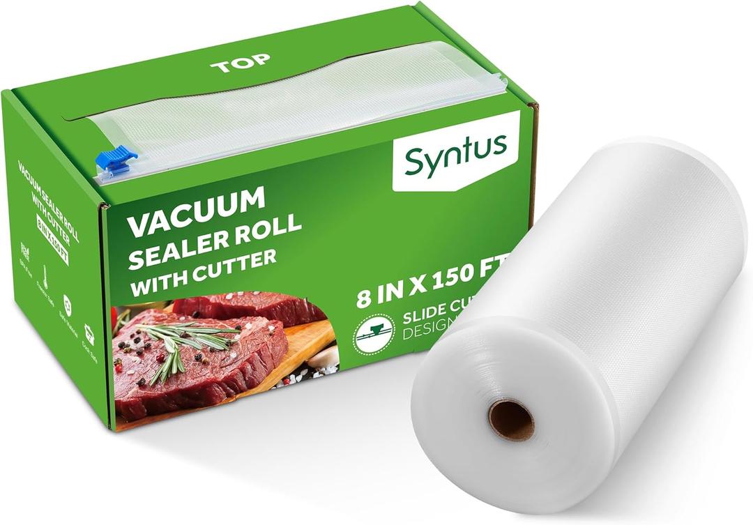Syntus 8" x 150' Food Vacuum Seal Roll Keeper with Cutter Dispenser, Commercial Grade Vacuum Sealer Bag Rolls, BPA Free Food Vac Bags, Ideal for Storage, Meal Prep and Sous Vide