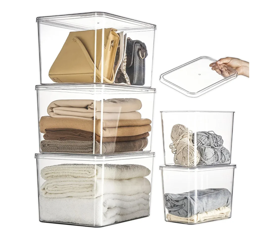 Lidded Plastic Storage Bins Set Clear Desk Basket Box Organizer Kitchen Container Clothes Laundry Closet Cabinet Shelf, Organization and Storage for Shelves Office Bathroom (Clear 3XL+2M)