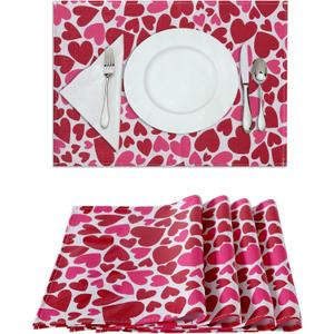 Fitable Valentines Day Placemats for Dining Tables Set of 4 - Waterproof Red/Pink Love Heart Place Mats Vinyl Non-Slip Table Mats for Valentines Dinner, Wedding Party Table Decor, 12x18 Inch