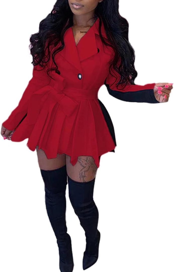 RAMOUG Two Tone Lapel V Neck Double Breasted Peplum Jacket Sexy Belted Blazer Mini Dress (A02 Red) XL