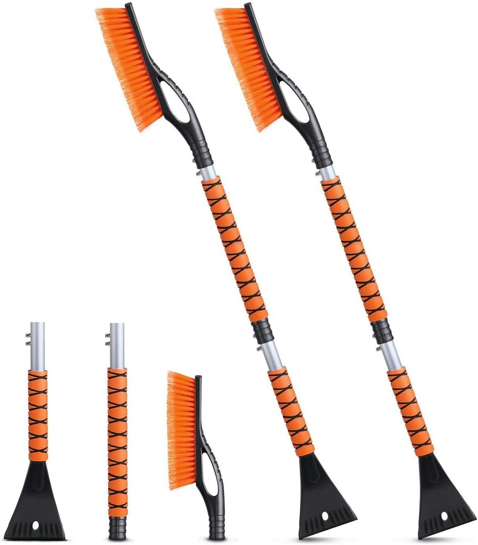 EcoNour 43" Ice Scrapers for Car Windshield Extendable | 3 Parts Detachable Telescopic Snow Brush for Car, Trucks, SUV | Long Snow Scraper with Brush | Car Winter Accessories (2 Pack) (Orange)