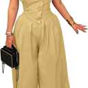 Tcremisa Womens Strapless Cargo Jumpsuit Summer Metal Button Off Shoulder Tube Top One Piece Wide Leg Jumpsuits Romper (Large, Khaki)