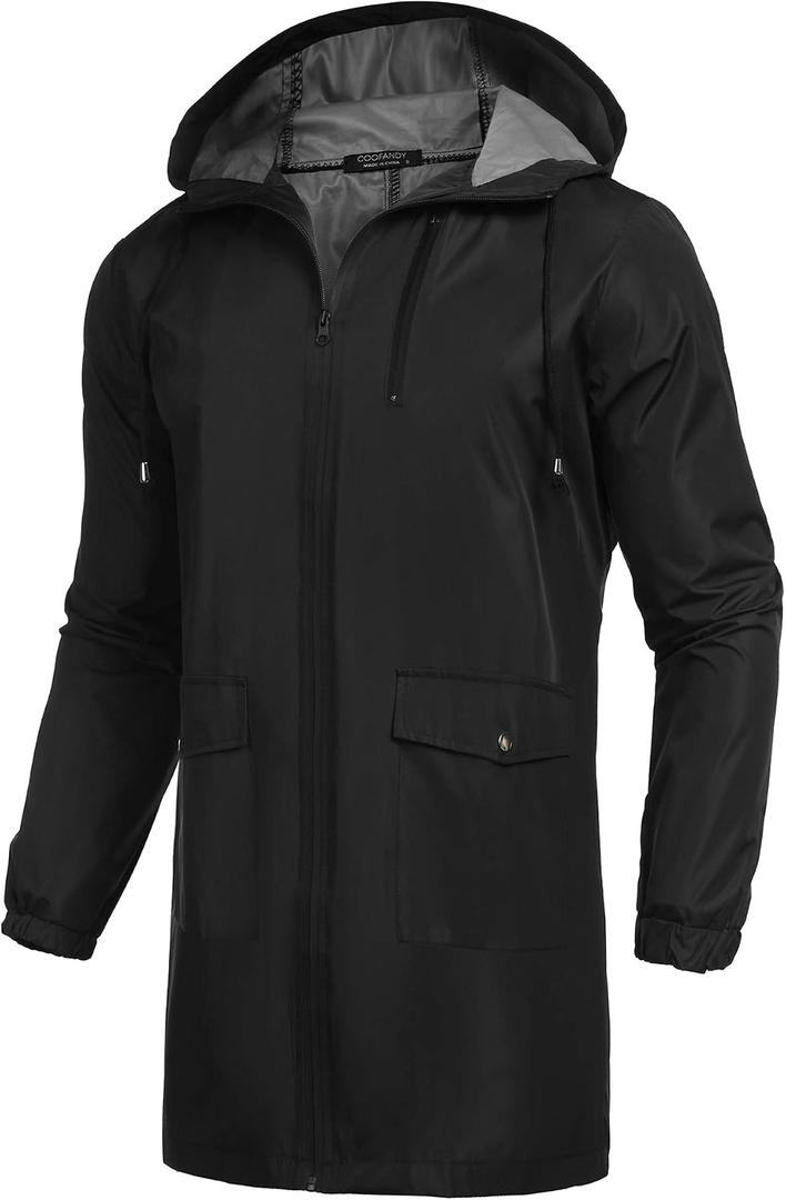 COOFANDY Men's Long Raincoat Ligtweight Rain Jacket Waterproof Outdoor Jackets with Hood (Black, M)