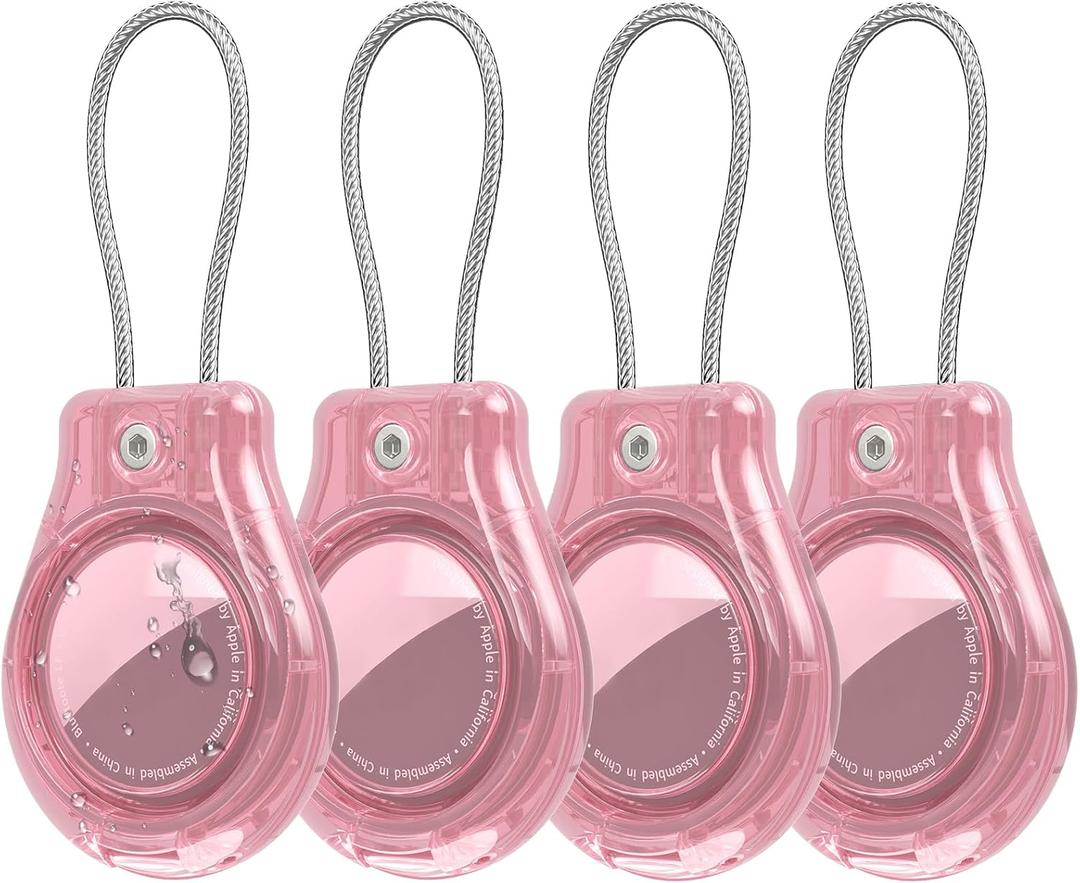Inesore IPX8 Waterproof for AirTag Keychain Holder case with Wire Cable,Ultra Durable Anti-Lost Lock Keychain Holder for Luggage,Dog,Key,pink*4