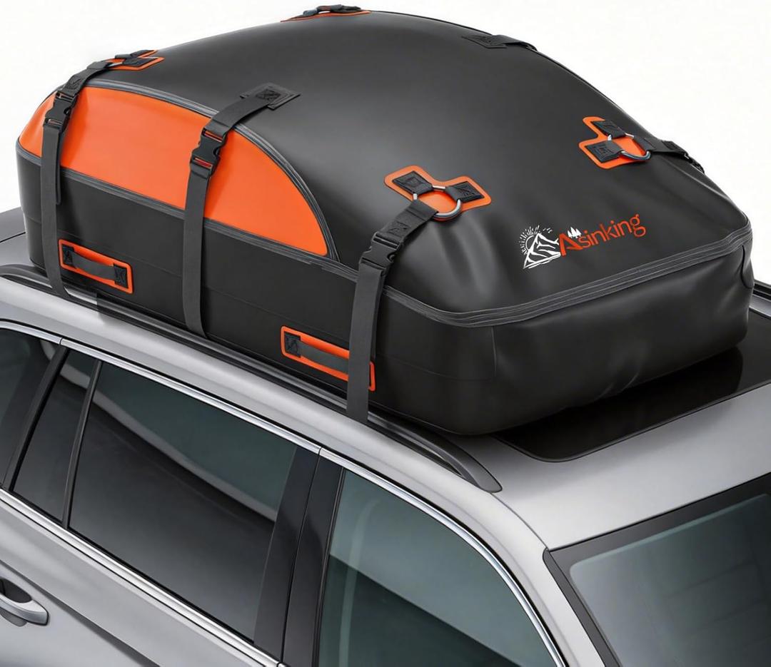 Asinking Car Rooftop Cargo Carrier Bag, 100% Waterproof Non-Rip 20 Cubic Feet Car Roof Bag for All Vehicles with/Without Rack, Includes Non-Slip Mat, Luggage Lock, 4 Door Hooks, Storage Bag (Black with Orange)
