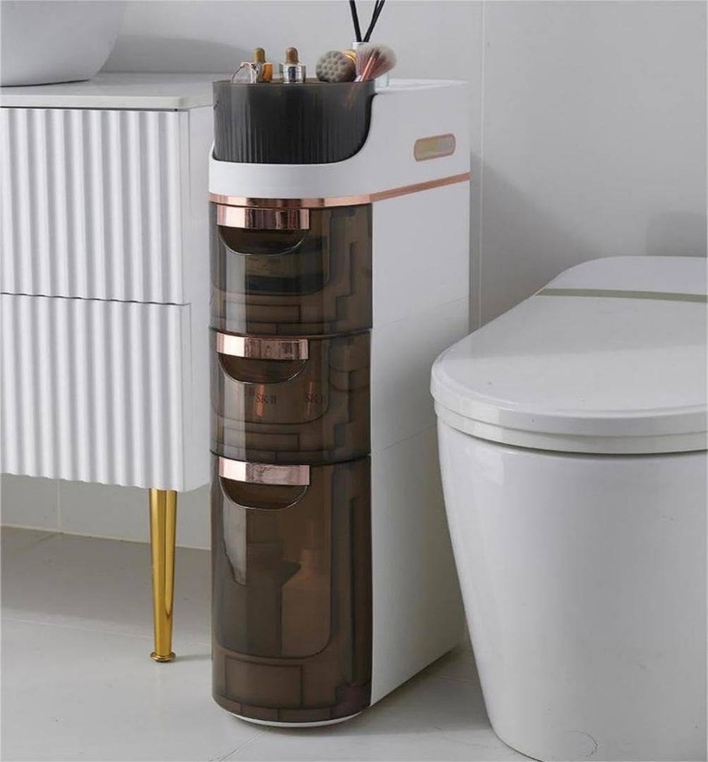 3 Tiers Bathroom Floor Cabinet with Wheels, Mobile Storage Cabinet with Large Capacity Floor Standing Narrow Storage Cabinet with Drawers for Bathroom