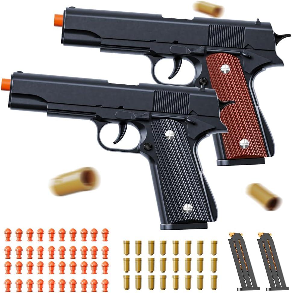 2Pack 1911 Shell Ejecting Pistol Toys Gun - Semi-Automatic Handgun with Soft Bullet and Auto Rebound, Outdoor Game Toy Foam Blasters & Guns for Boys Halloween Christmas Birthday Gifts (Black+Brown)