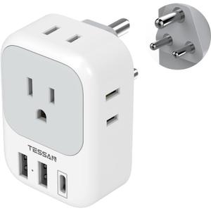 TESSAN US to India Plug Adapter, India Power Adapter with 4 American Outlets 3 USB Charger (1 USB C Port), Type D Travel Adaptor for USA to Bangladesh Maldives Nepal Pakistan