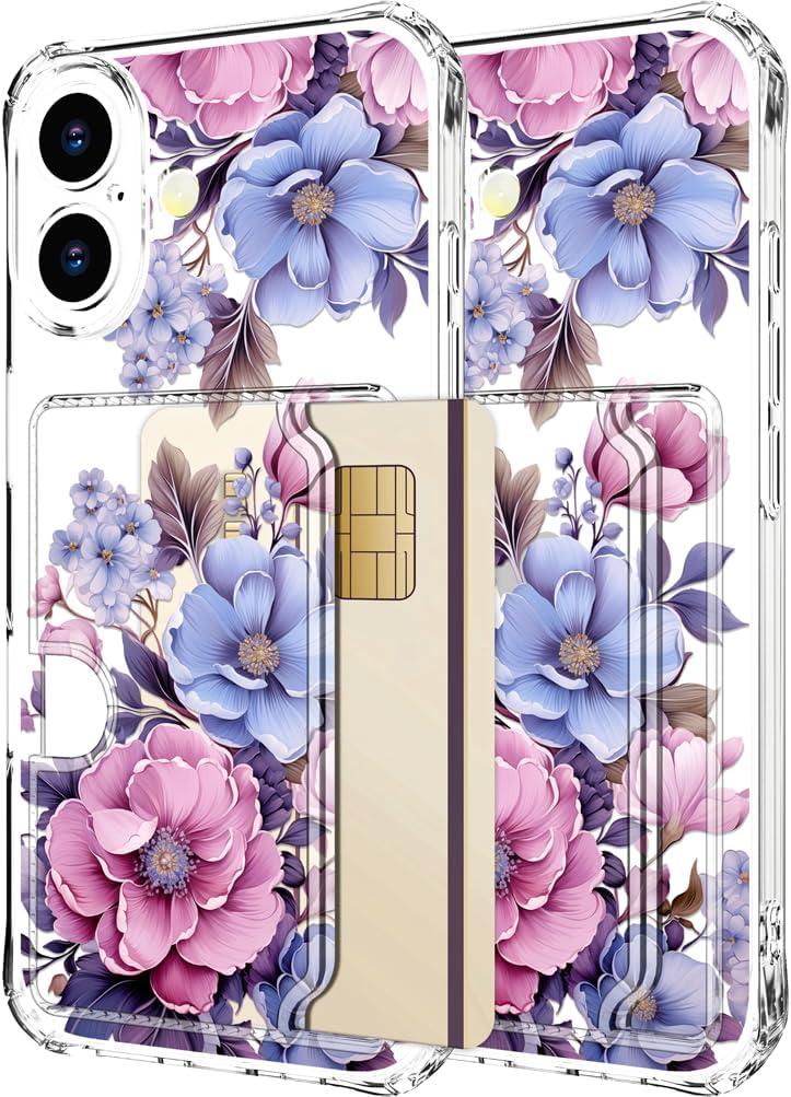 Hungo Compatible for iPhone 17 Case Wallet with Card Holder,Ultra Thin Slim Cute Girly Skin Cases Protector with Airbag Bumper for Women Girls (Clear Pink Floral Anemones)
