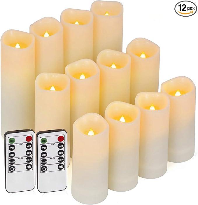 Enido Flameless Candles Led Candles Pack of 12 Battery Candles (D2.15'' x H4''5''6'') Waterproof Outdoor Indoor Candles with 10-Key Remotes and Cycling 24 Hours Timer (Plastic)