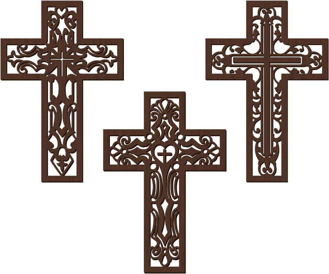 Bnesi 3 Pcs Wooden Cross Wall Art - Brown Carved Pattern Religious Crosses for Living Room, Church, Wedding, Office, Hospital