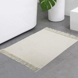 Collive Small Bathroom Rug, 2' x 3' Hand-Woven Low Profile Front Entryway Rug, White/Beige Cotton Reversible Washable Kitchen Mat Modern Farmhouse Carpet for Foyer Bedroom Back Door Decor