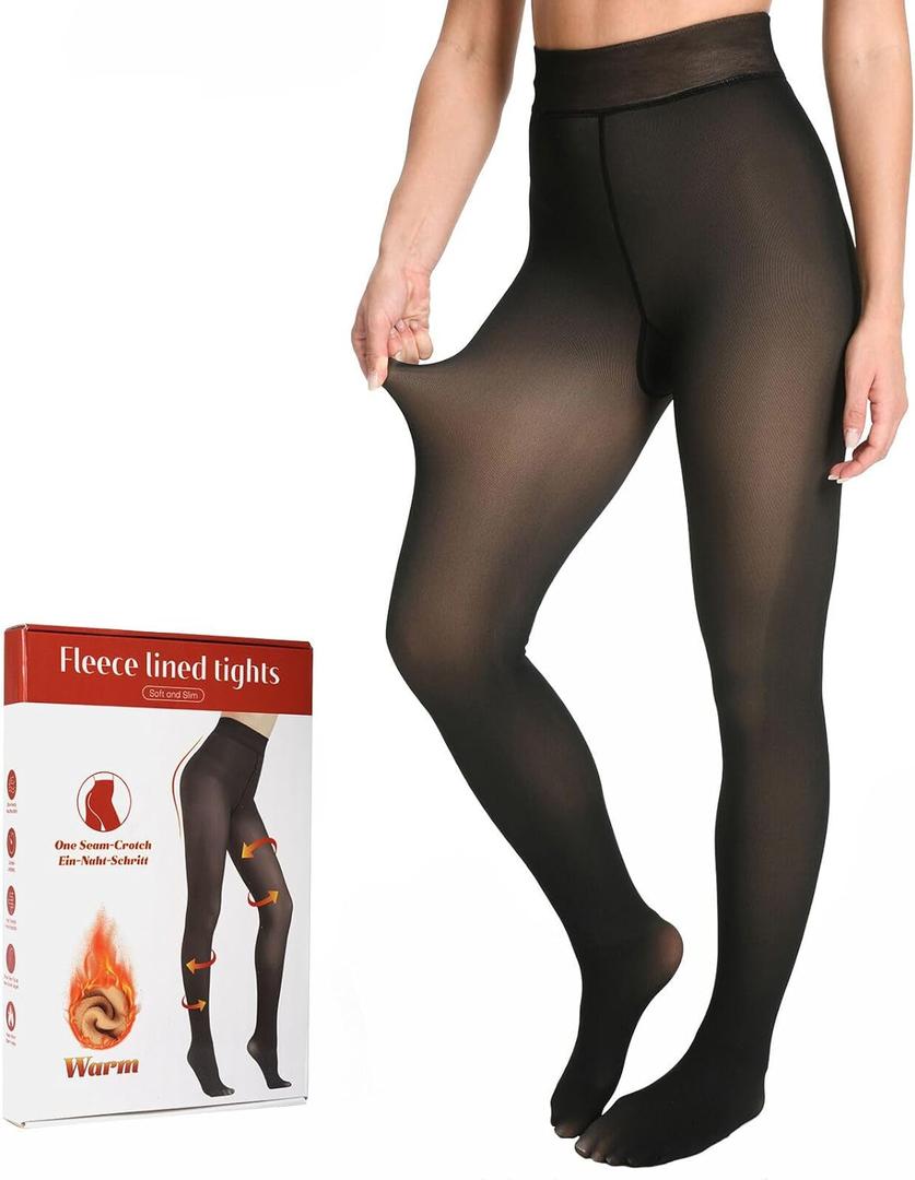 Fleece Lined Tights Women, Fake Translucent Thermal Winter Warm Fleece Tights, Sheer Thick Pantyhose Leggings for Women (X-Large, 1 Pair Black)