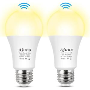 Radar Sensor Light Bulb, 9W LED, 80W Equivalent, Warm White, 2700K, A19, E26 Base, 2-Pack, Dusk to Dawn Motion Activated, 360 Detection, 800Lm, 30,000 Hrs Life