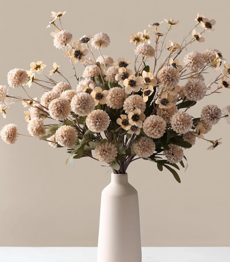 HyeFlora Fake Kiku Flowers, Faux Silk Pompon Mums Artificial Flowers, Chrysanthemum Stems Floral Arrangement Dried Flowers Vintage Decorative Indoor Home Decor Beige with Wax (Vase not Included)