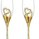 Wedding Champagne Glass Set Gold Toasting Flute Glasses Deluxe Pack of 2 with Rhinestone Rimmed Hearts Decoration for Wedding, Anniversary and Special Occasions