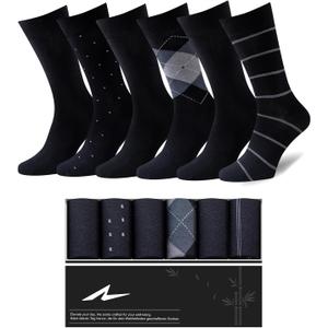 Niorasen Mens Dress Socks, 6 Pairs Soft Breathable Bamboo Rayon, Classic Mid Calf Socks for Men with Box,Valentines Day (10-13, Black&gray Pattern)