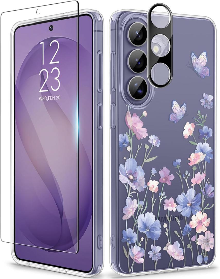 GVIEWIN for Samsung Galaxy S26 Case, Clear Floral Slim Shockproof Protective Women Phone Case, Non-Yellowing, with Screen Protector & Camera Lens Protector for Galaxy S26 6.3", Bloomwing/Blue