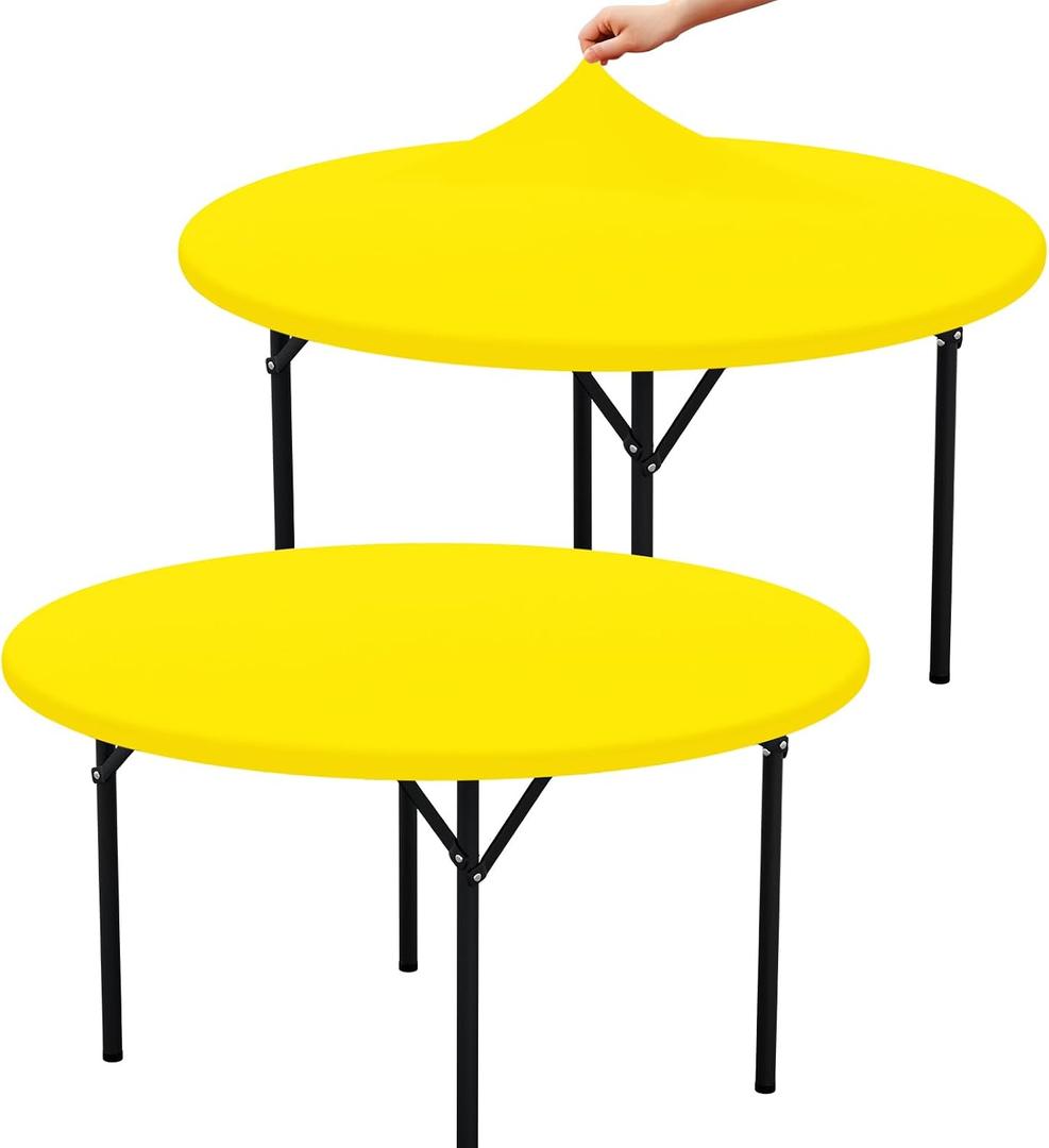 misaya 2 Packs Round Spandex Tablecloths, Stretch Elastic Tablecloth Cover Fits for 36"-44" Round Tables, Washable Polyester Table Cloth for Dining, Party, Outdoor and Indoor, Yellow