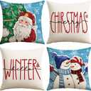 OTOSTAR Set of 4 Sky Blue Christmas Throw Pillow Covers 20x20 Inch Winter Xmas Decorative Pillow Case Cover for Sofa Living Room Holiday Decor (Sky Blue- Santa Claus and Couple Snowman)