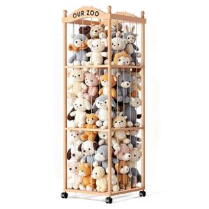 Jumvix Stuffed Animal Storage Zoo Tower, Large Capacity Wooden Stuffed Animal Holder with Wheels, Space-Saving Toy Storage Organizer, Stuffy Plushies Storage for Nursery, Playroom & Bedroom
