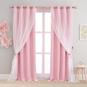 Pink Blackout Curtains with Sheer Overlay, 2 Panels, Thermal Insulated & Soundproof, Lace Trim for Bedroom, Nursery, Living Room - Modern Pink Drapes, Room Darkening Curtains, 52x84 Inches