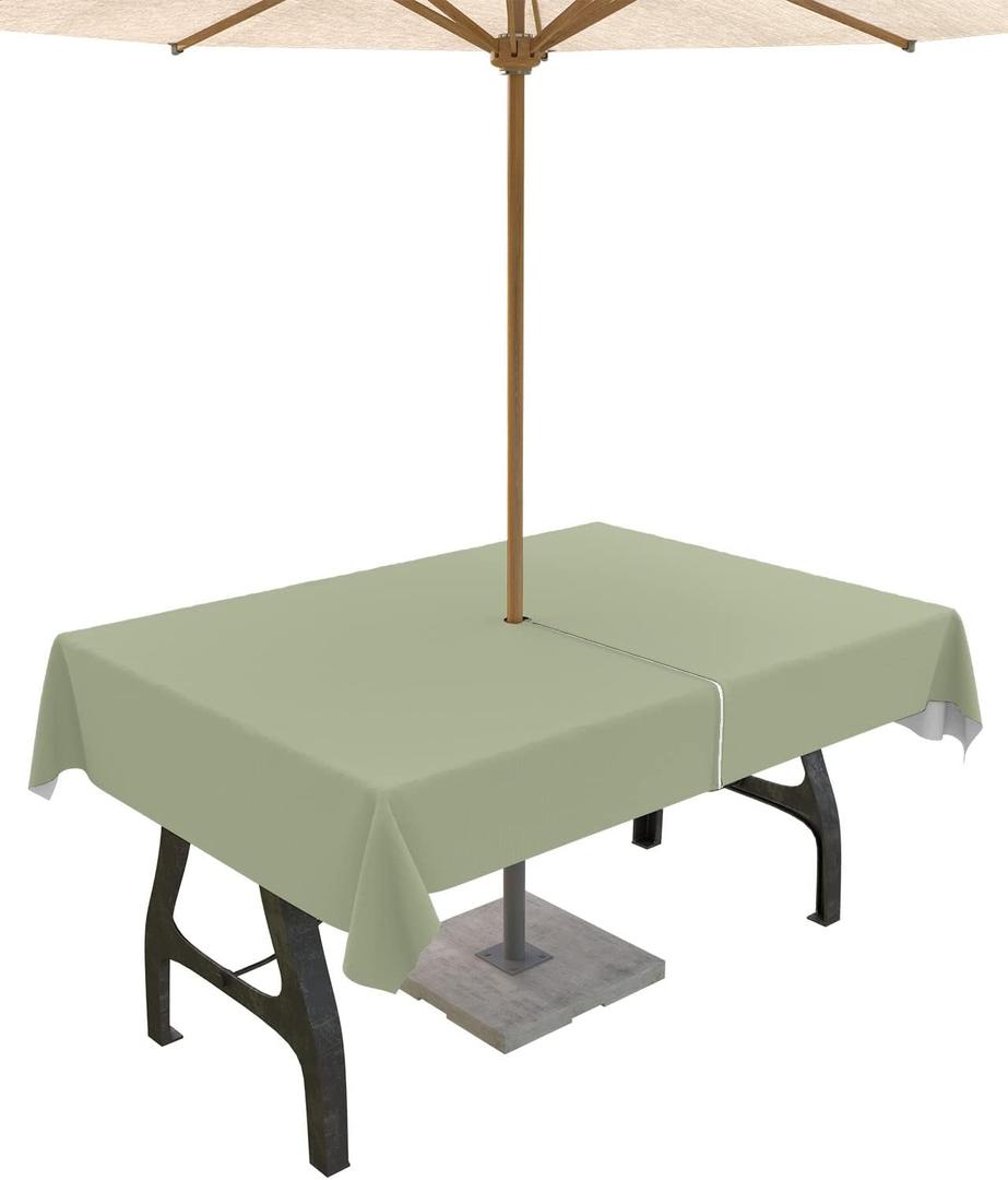 Sage Green Outdoor Tablecloth with Umbrella Hole & Zipper, Farmhouse Sage Green Decor Rectangle Tablecloth 60x102 Inch, Patio Table Cover Waterproof Table Cloth for Picnic/Party