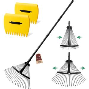 Extra Wide 22-Tines Adjustable Leaf Rake & Leaf Scoops Set, 12"-22" Width Adjustable Metal Garden Lawn Rake for Leaves, Heavy Duty & Lightweight for Flower Bed/Under Shrub/Pine Needle & Narrow Space