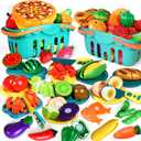 100 Pcs Play Food Set for Kids Kitchen, Pretend Food Toy for Toddlers Age 1-3, Plastics Cutting Fake Food/ Fruit/ Vegetable Accessories with 2 Baskets, Birthday Gifts for 2 3 4 5 Years Old Boys Girls (Blue)