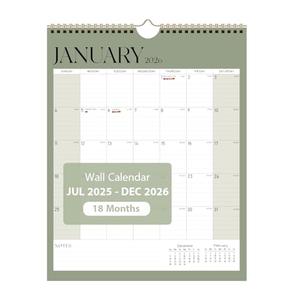 2025-2026 Wall Calendar, Monthly Wall Calendar from July 2025 to December 2026, With Spiral Binding and Thick Paper, Perfect for School Office or Home, Green