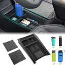 Center Console Tray with Slide Cover Push-Pull Storage Box Adjustable Cup Holder Interior Accessories Compatible with Rivian R1T/R1S 2022 2023 2024