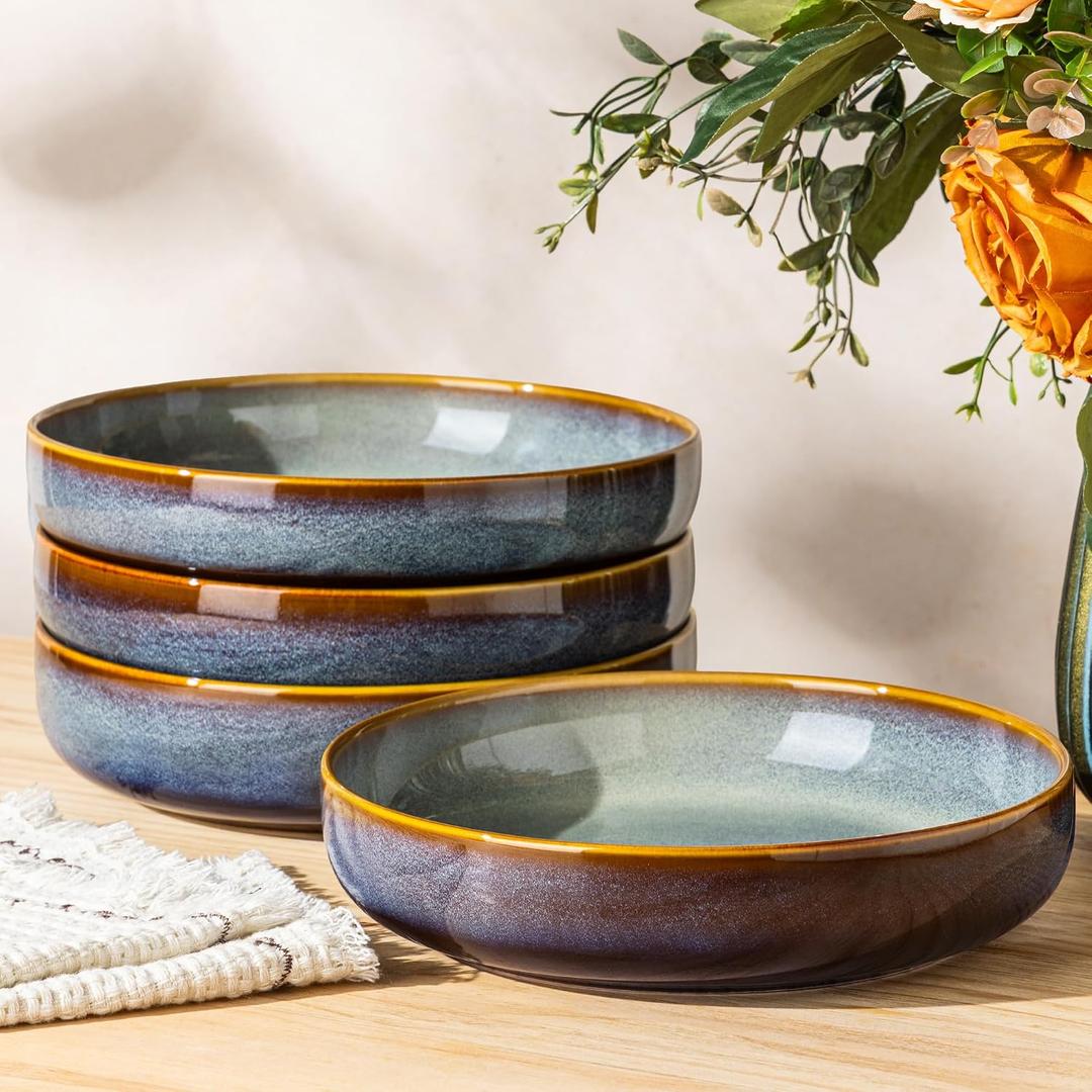 theterra 8.5'' Ceramic Pasta Bowls, Salad Bowls Set of 4, Stoneware Serving Bowls for Fruits, Noodle, Dinner, House-warming Wedding Present, Dusk Blue