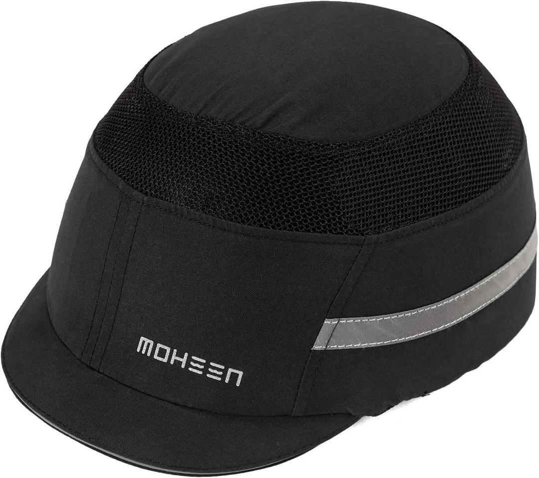 Lightweight Safety Bump Cap - Breathable Baseball Style Protective Hat with Reflective Stripes (Micro Brim, Black)