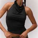 Milumia Women's Draped Neck Halter Tops Open Back Asymmetrical Hem Crop Tank Top