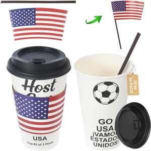 16 oz CheerSleeve Host Cup, Celebrating World Soccer Tournament Host USA, 24 Sets Disposable Paper Party Cups with Lids Straws Sleeves, Flag Themed Fan Event Decorations, COME ON USA