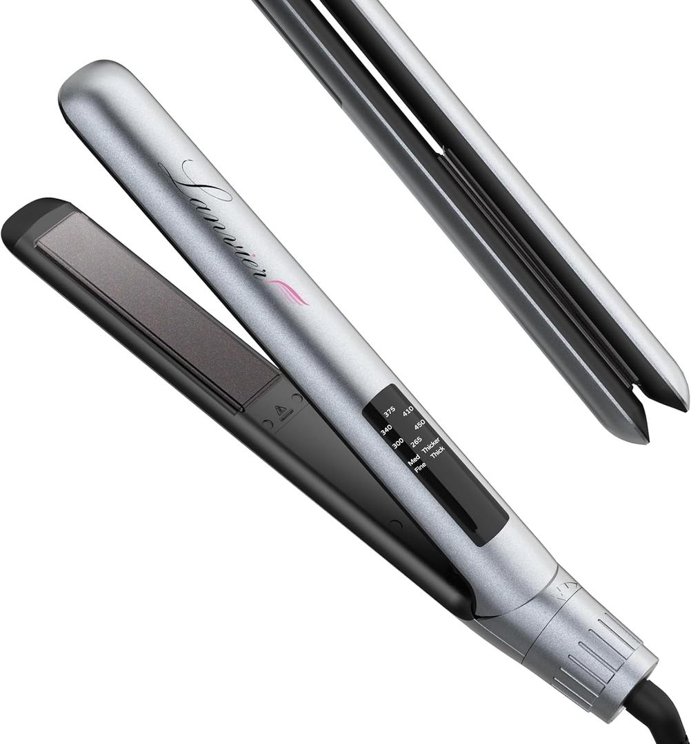 LANVIER Hair Straightener Flat Iron, 2 in 1 Hair Straightener and Curler, Nano Silver Tourmaline Titanium Ceramic Flat Iron, 15s Fast Heating, Rotating Temp Dial, Smart LED, Dual Voltage Hair Styler (Grey)