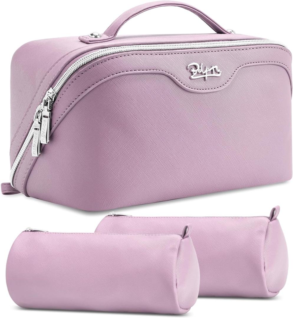 BOYATU Travel Makeup Bag Organizer Cosmetic Bag: 3 Pcs Set Makeup Bags for Women with Handle - Waterproof Vegan Leather Toiletry Bags Travel Essentials Pouch with Compartments (C-06-Purple)