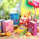 MotiMind 48 Pcs Cartoon Hawaii Birthday Party Favor Bags with Handles Candy Treat Bags Summer Tropical Print Flower Palm Double Printed Patterns Paper Gifts Pouch for Luau Holiday Event Favors
