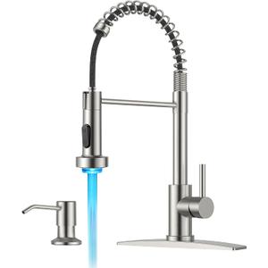 FORIOUS LED Kitchen Faucet with Soap Dispenser, Brushed Nickel Stainless Steel Traditional Spring Commercial Pull Out Sink Faucet with Pull Down Sprayer for Laundry RV Camper Bar Farmhouse