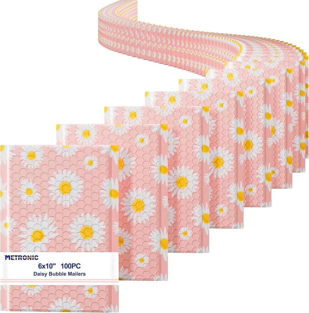 Metronic Bubble Mailers 6x10 Inch 100 Pack Pink Bubble Mailer Usable Size 6x9 Self-Seal Adhesion Padded Envelopes Pretty Padded Mailers for Jewelry, Makeup, Cards, Fancy Daisies (Daisy)