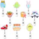 9 Pcs Easter Badge Reels Retractable Easter Badge Reel Holder Holiday Badge Reels Glitter Bunny Egg ID Name Badge Clips Spring Badge Reel for Nurses Employee Volunteer Students Easter Party Decor