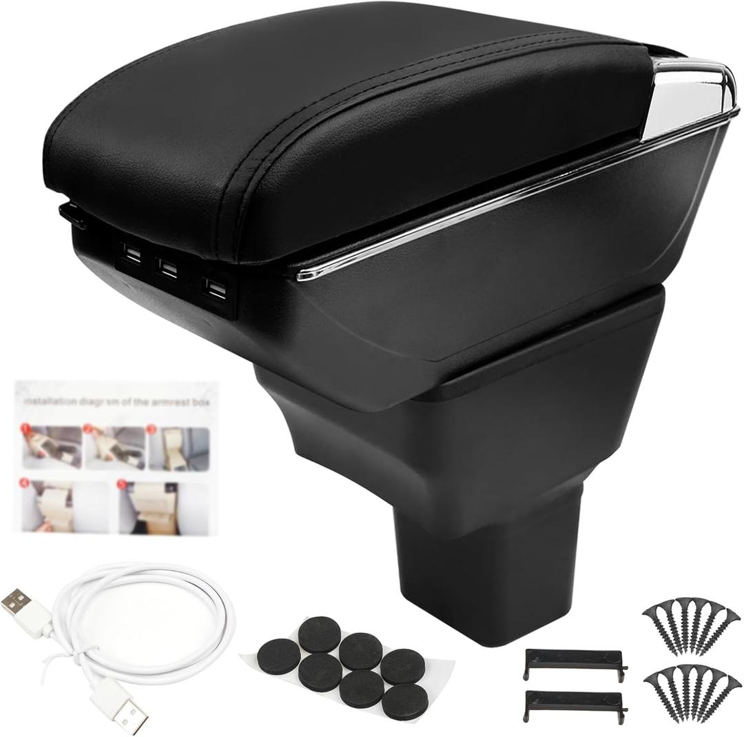 Center Console Armrest Compatible with Nissan Kicks 2016 2017 2018 2019 2020 2021 with 7 USB Port Cup Holder Double Layer Organizer Storage Box (All Black)