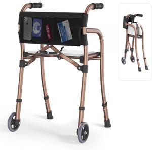 Narrow Walkers for Seniors with Seat, Lightweight Folding Space Saver Mobility Rolling Walker,Height Adjustable Standard Walker with Aluminum Frame, 5-inch Wheels, Compact Travel Walker (Bronze)