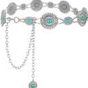 WHIPPY Women Concho Chain Belt Metal Link Western Cowgirl Turquoise Chain Belt for Dress Silver Chain-green Turquoise