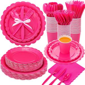 350 Pcs Hot Pink Plates and Napkins, 50 Guest Breast Cancer Awareness Party Supplies Include Scalloped Paper Plates Napkins Cups Plastic Spoons Forks Knives Disposable Tableware Set for Women