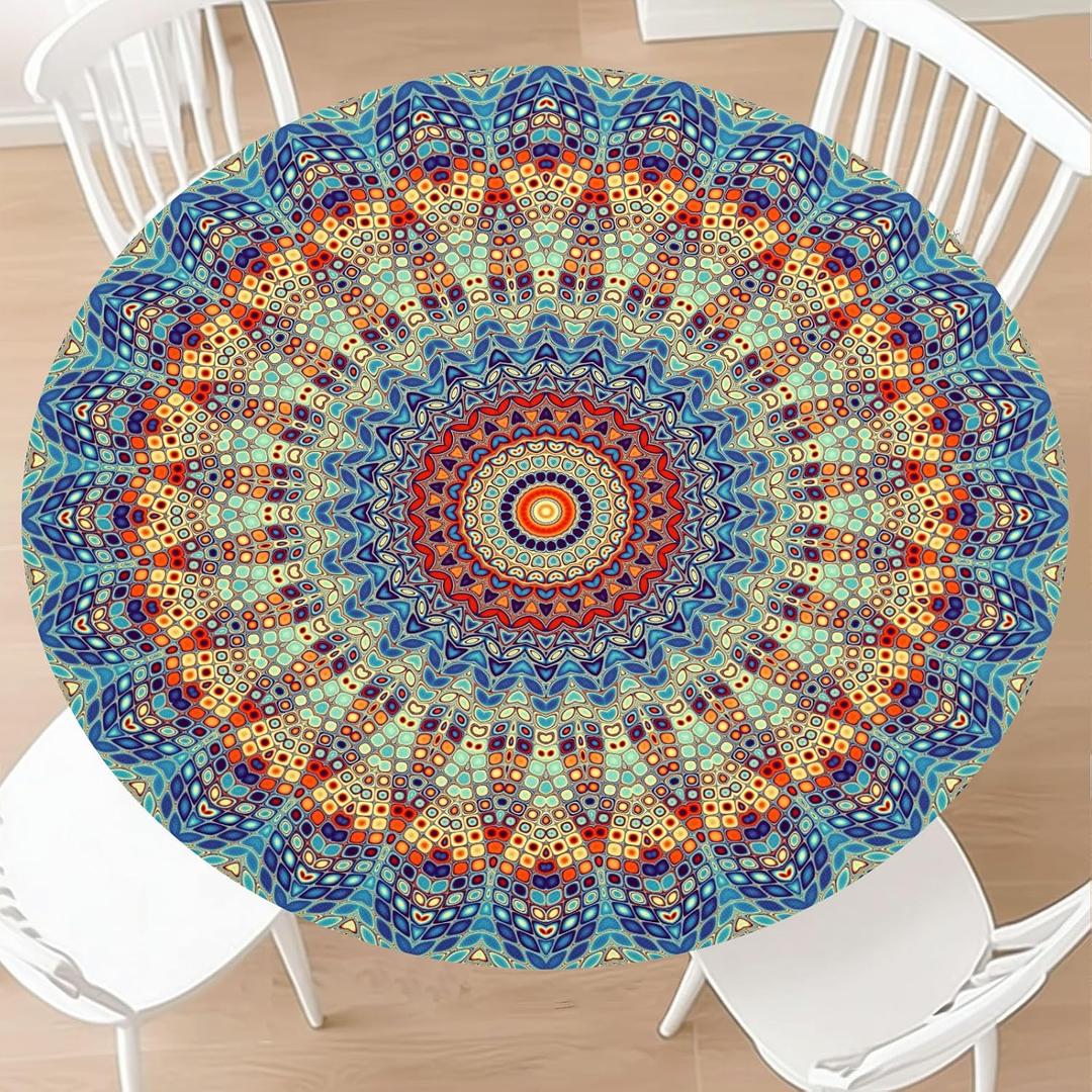 KSLIDS Round Fitted Tablecloth with Elastic Edge Mandala Blue Boho Picnic Table Cover Colorful Bohemian 70S Rustic Waterproof Wipeable Table Cloth Fit 40"-44" Tables for Outdoor,Patio,Camping,Dinner