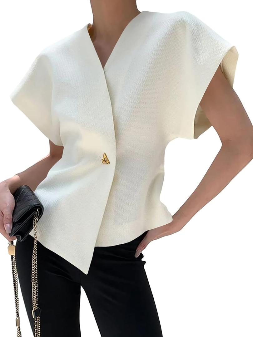 Cicy Bell Womens Trendy V Neck Tops Shirts Short Sleeve Button Down Slim Waist Summer Blouses (Small, White)