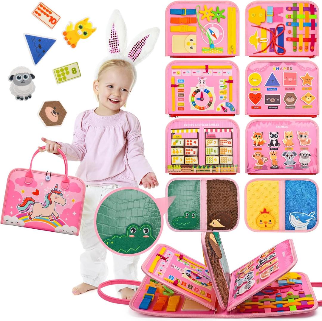 Toddler Busy Board Montessori Toys, Sensory Board Busy Book, Busy Board for Toddlers 2-4, Preschool Learning Activities with Life, Unicorns Pink, 8 Pages and 2 Pages Sensory Mats