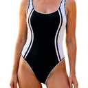 WODECASA Women's Color Block Sporty One Piece Swimsuit U Neck Scallop Trim High Cut U Back Tummy Control Bathing Suit (Black, S)